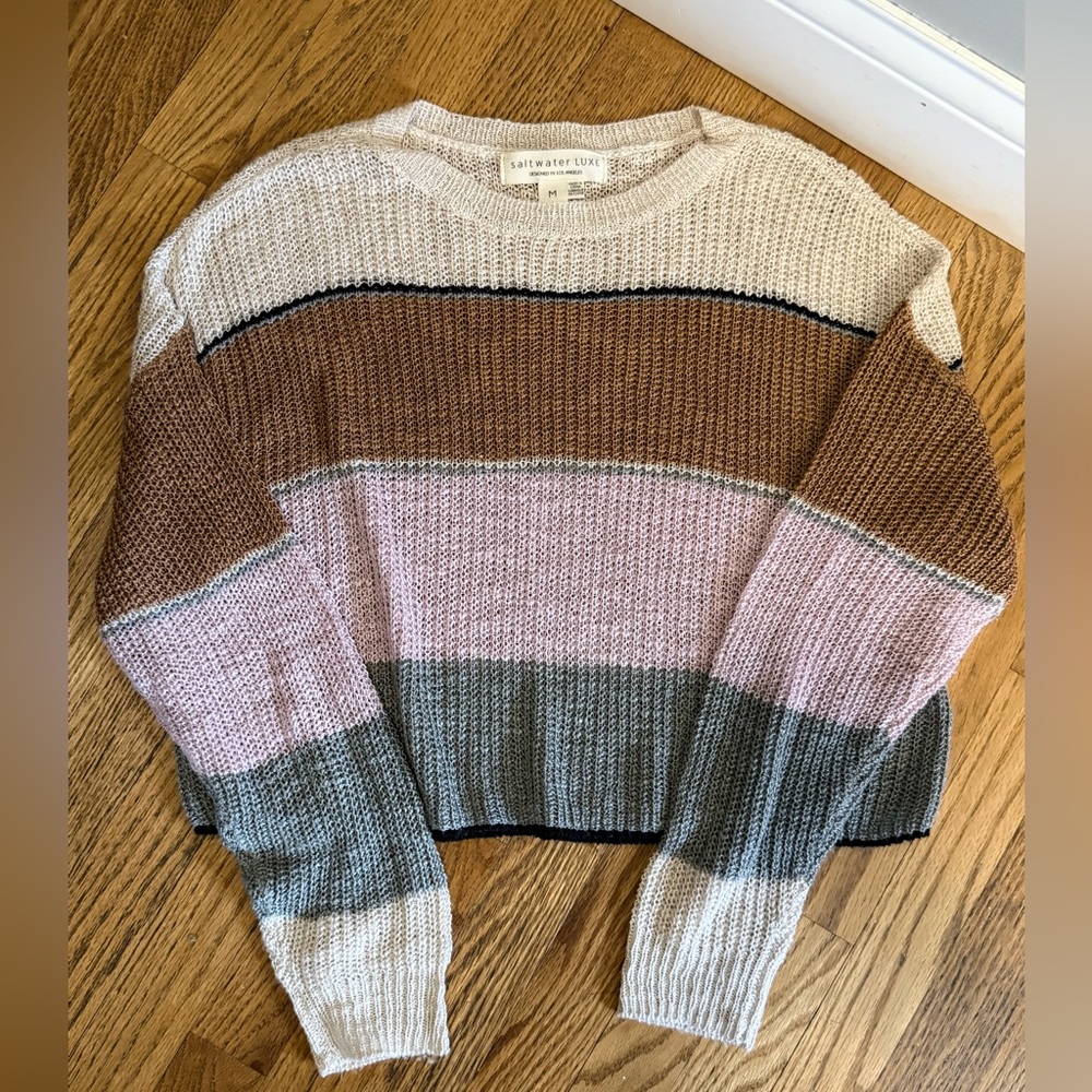 Saltwater Luxe Women’s Multicolor Striped Crochet Knit Lightweight Sweater